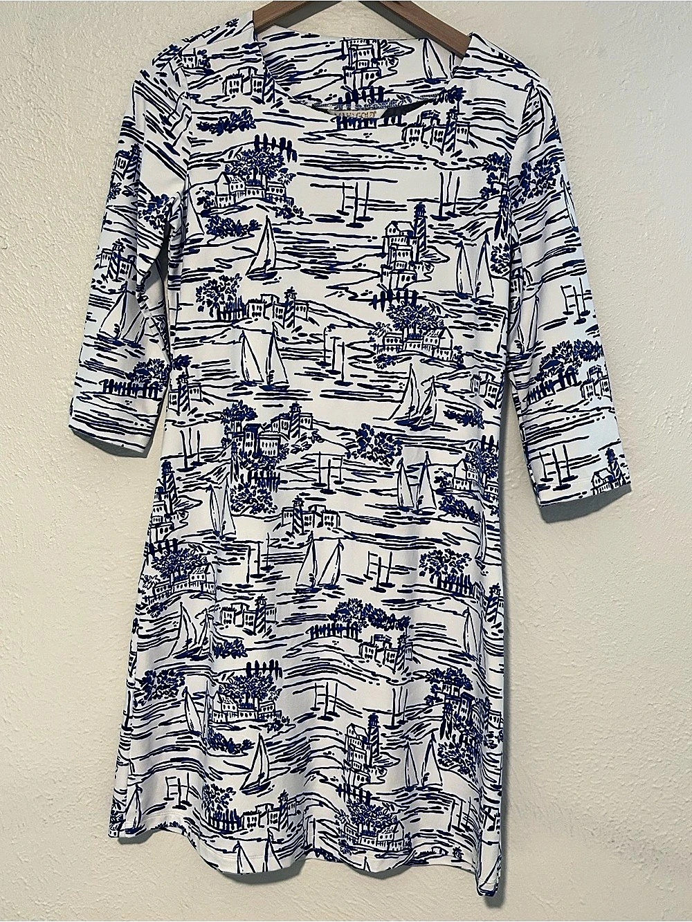 Mahi Gold Bimini Printed Knee Length Dress M|Nautical Coastal Preppy Geometric